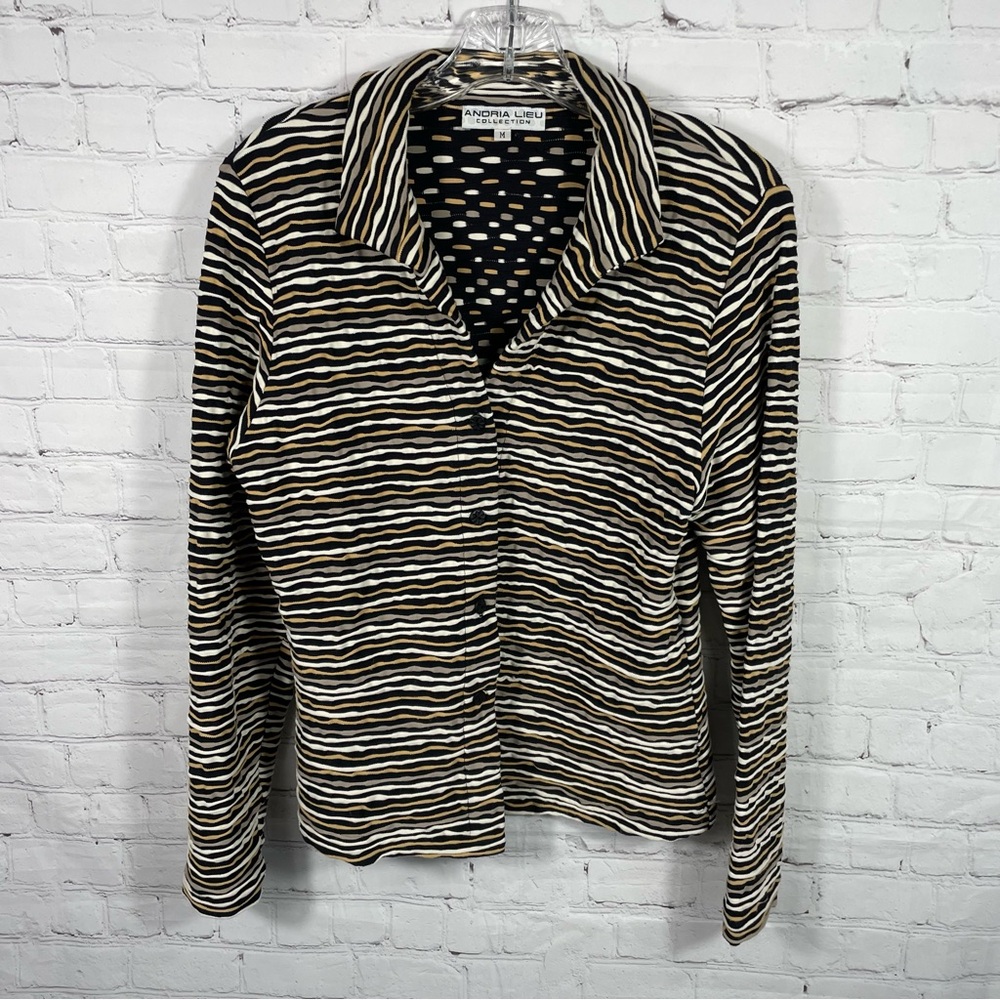 Andria Lieu Collection Striped Textured Top/Jacket Size Medium Black, Tan, Cream